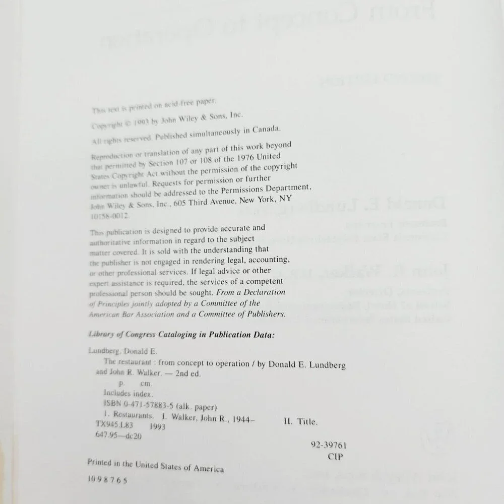 The Restaurant From Concept to Operation Textbook Lundberg Walker Hardcover